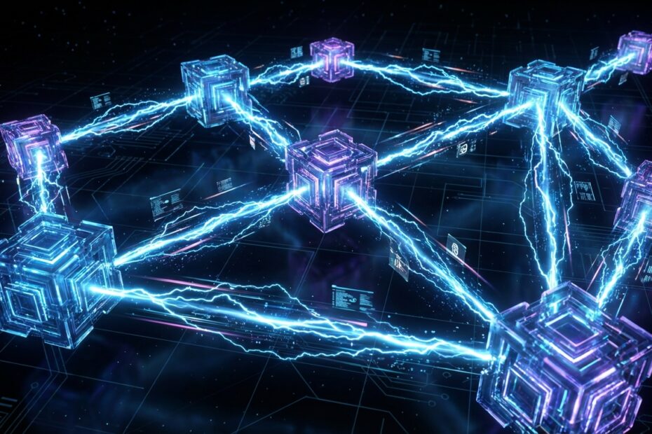 Visualização abstrata de nós interconectados por raios na infraestrutura da Lightning Network.