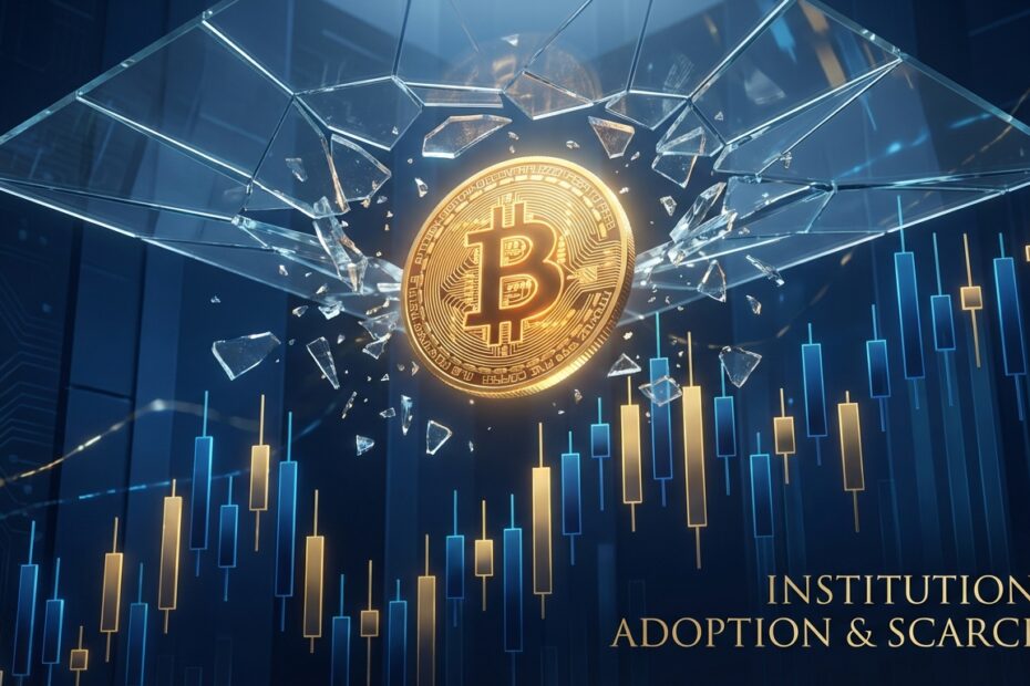 Gráfico financeiro mostrando o Bitcoin rompendo sua máxima histórica e entrando em descoberta de preço.