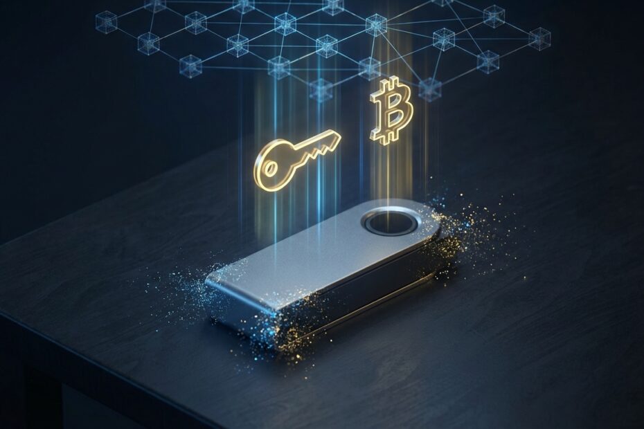 Hardware wallet física desaparecendo enquanto a chave digital e o Bitcoin permanecem seguros na blockchain