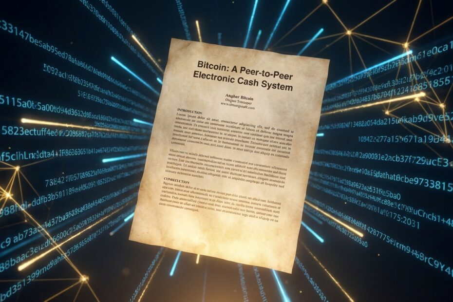 Representação digital do whitepaper original do Bitcoin escrito por Satoshi Nakamoto