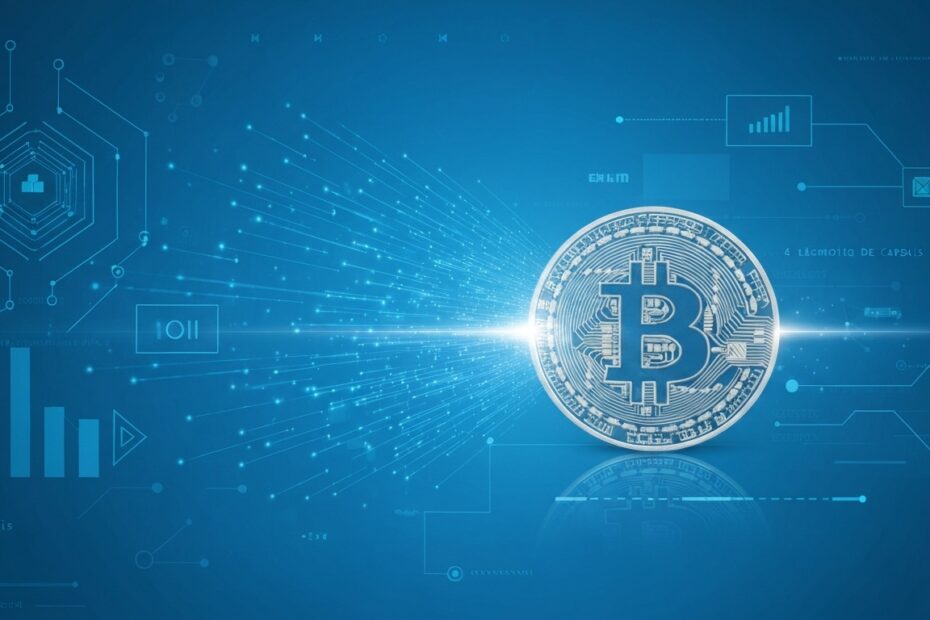 Representação visual do Bitcoin como a primeira criptomoeda, com elementos de tecnologia e rede.