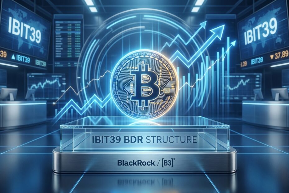 Ilustração conceitual do BDR IBIT39 ligando o Bitcoin ao mercado de ações tradicional