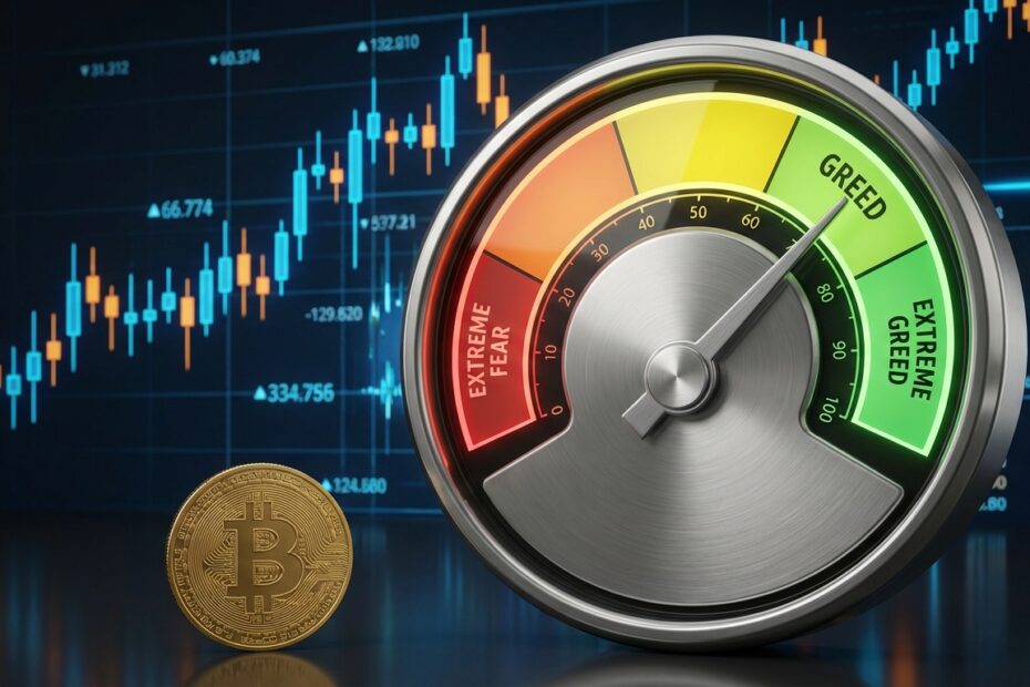 Gráfico do índice Fear and Greed Bitcoin mostrando escala de medo e ganância de 0 a 100