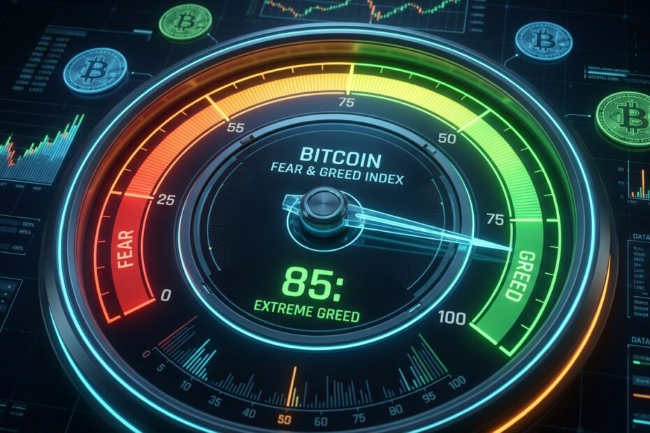 Ilustração 3D de um medidor mostrando o Índice de Medo e Ganância do Bitcoin com zonas coloridas