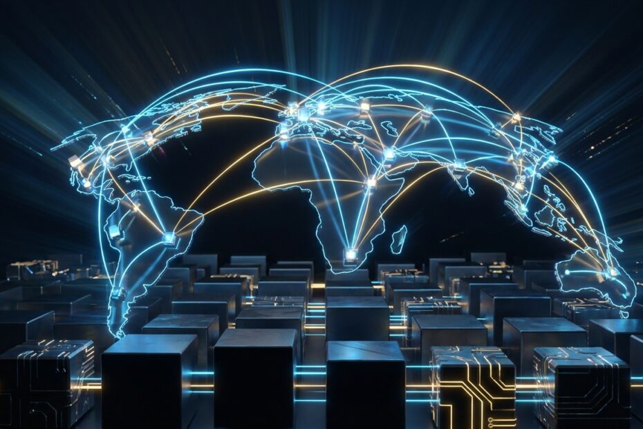 Ilustração digital representando a rede Lightning Network processando transações rápidas de Bitcoin