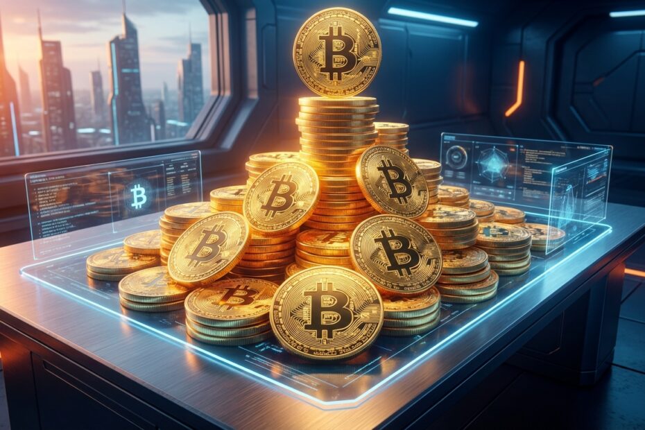 Ilustração de moedas Bitcoin sendo empilhadas representando a estratégia Stacking Sats