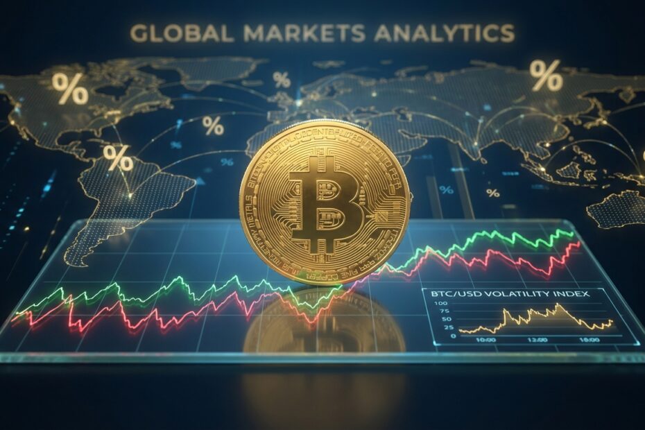 Moeda física do Bitcoin sobre gráficos financeiros digitais indicando volatilidade de mercado em 2026