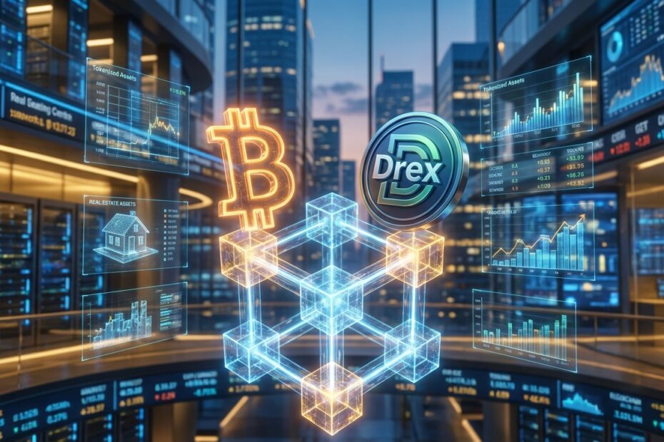 Ilustração do futuro do Bitcoin e Drex na economia digital