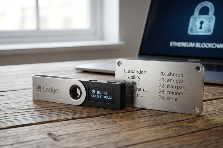 Carteira física de hardware Bitcoin ao lado de placa de metal com frase de recuperação