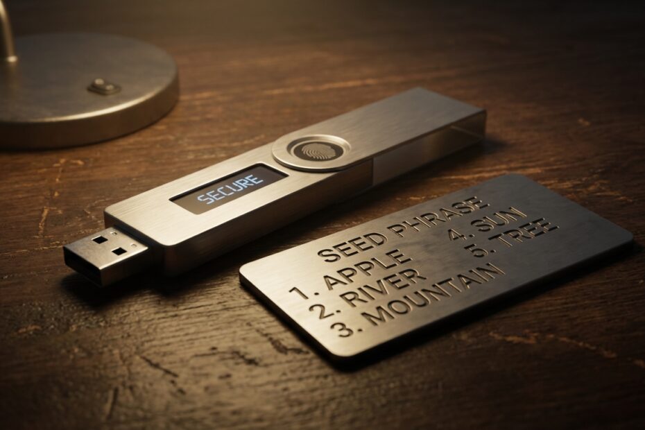 Hardware wallet de Bitcoin sobre mesa ao lado de placa de backup de metal