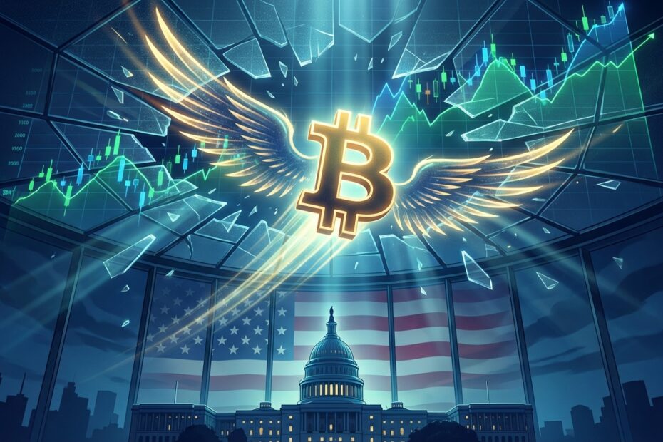 Gráfico de alta do bitcoin recorde com elementos da economia dos EUA ao fundo