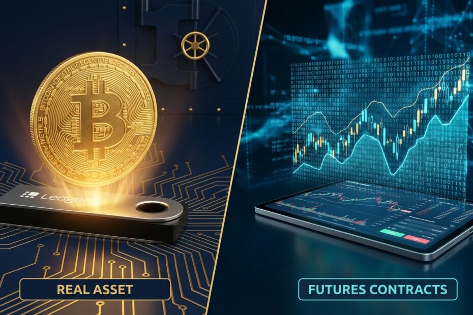 Comparativo visual entre a moeda Bitcoin física dourada e um gráfico digital de contrato futuro