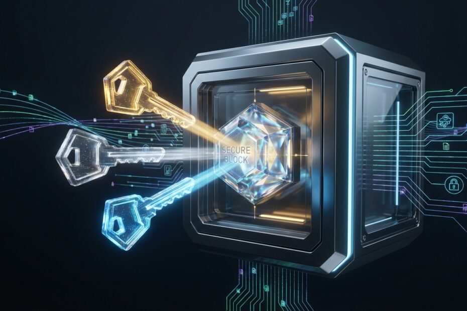 Ilustração 3D de um cofre digital seguro representando uma carteira multisig com múltiplas chaves.