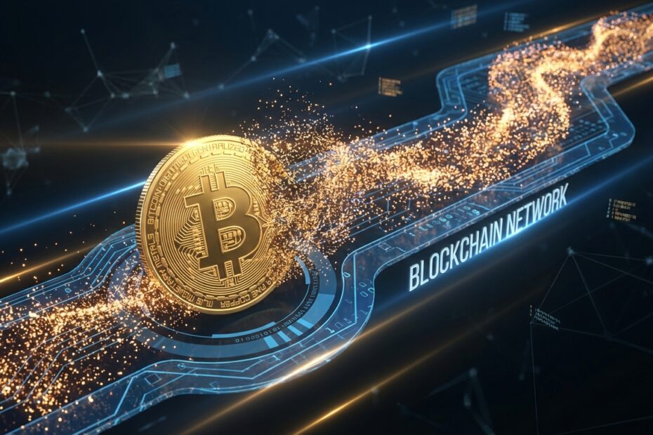 Ilustração 3D de um Bitcoin se dividindo em pequenas unidades luminosas chamadas satoshis em uma rede blockchain.