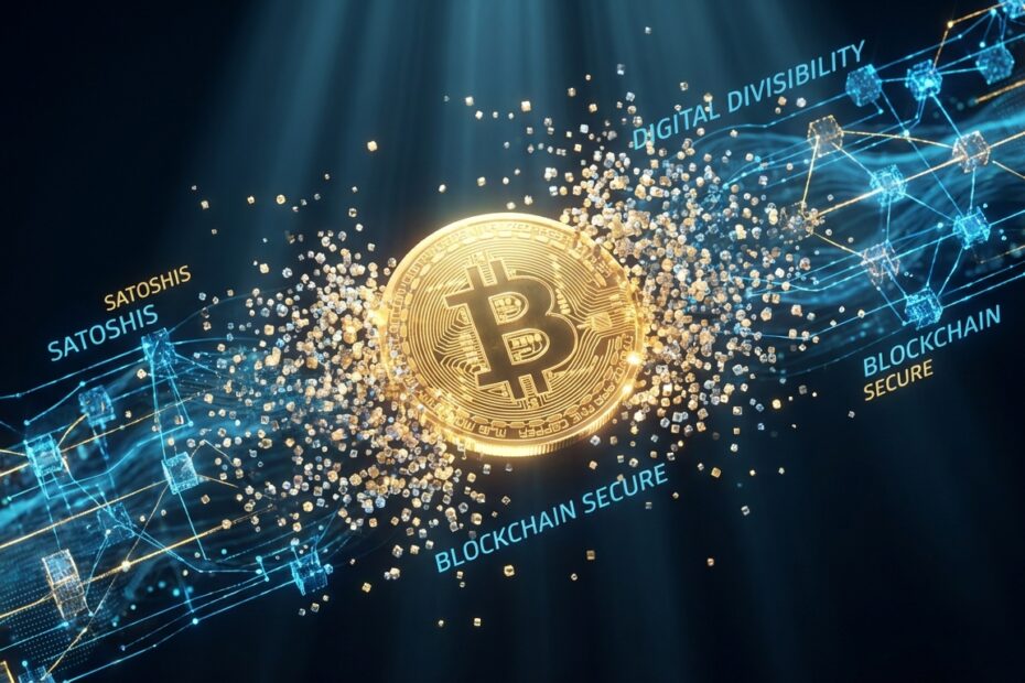 Ilustração 3D de um Bitcoin se dividindo em pequenas partículas digitais representando satoshis