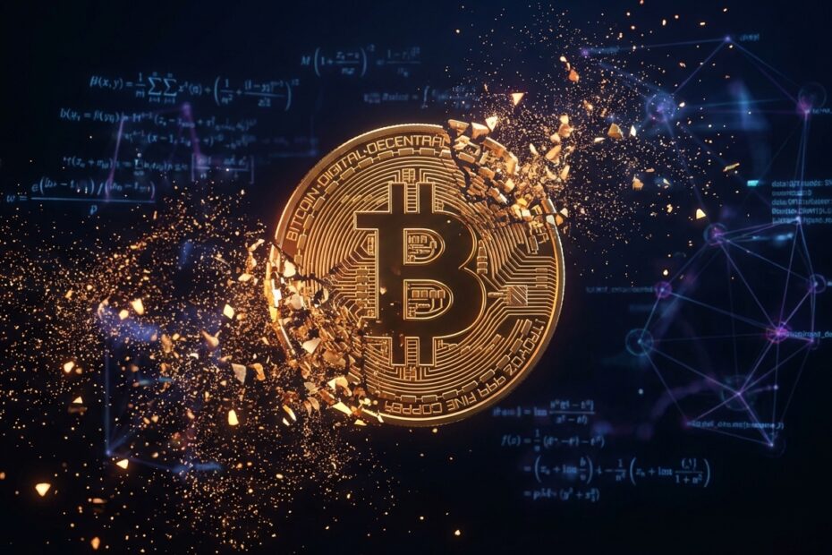 Ilustração 3D de um Bitcoin se dividindo em milhões de partículas brilhantes chamadas satoshis