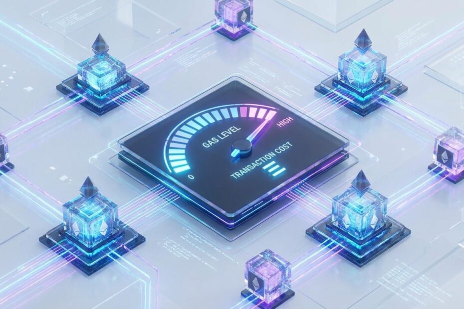 Ilustração digital da rede Ethereum representando o conceito de taxas de gas e processamento de blocos