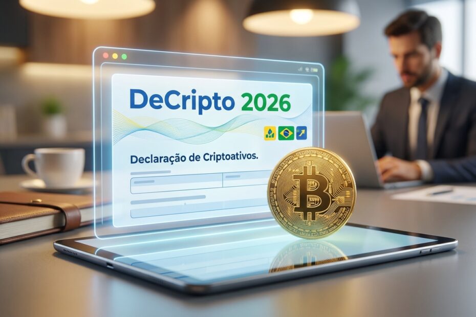 Conceito 3D de tributação de Bitcoin no Brasil com tablet exibindo formulário DeCripto