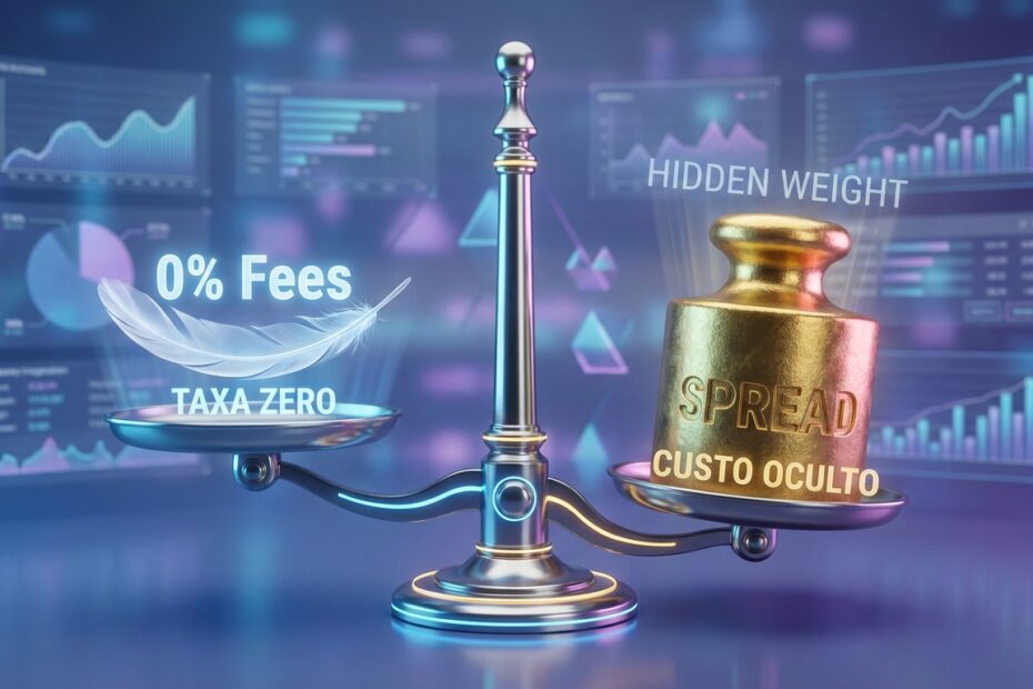 Balança financeira comparando a ilusão da taxa zero com o peso real do spread na compra de Bitcoin