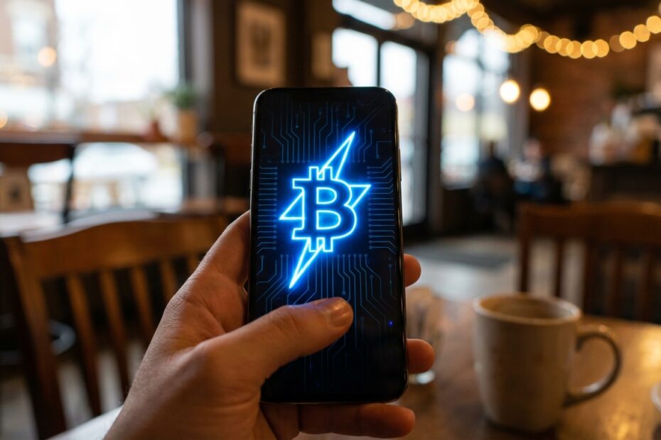 Smartphone exibindo transação de Bitcoin via Lightning Network em uma cafeteria
