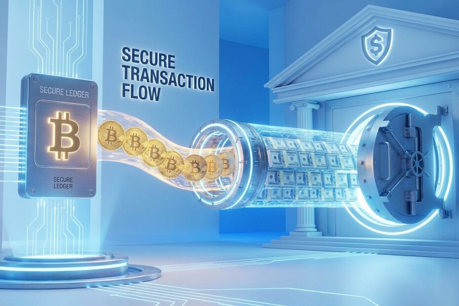 Ilustração do processo de venda de Bitcoin de uma hardware wallet para conta bancária