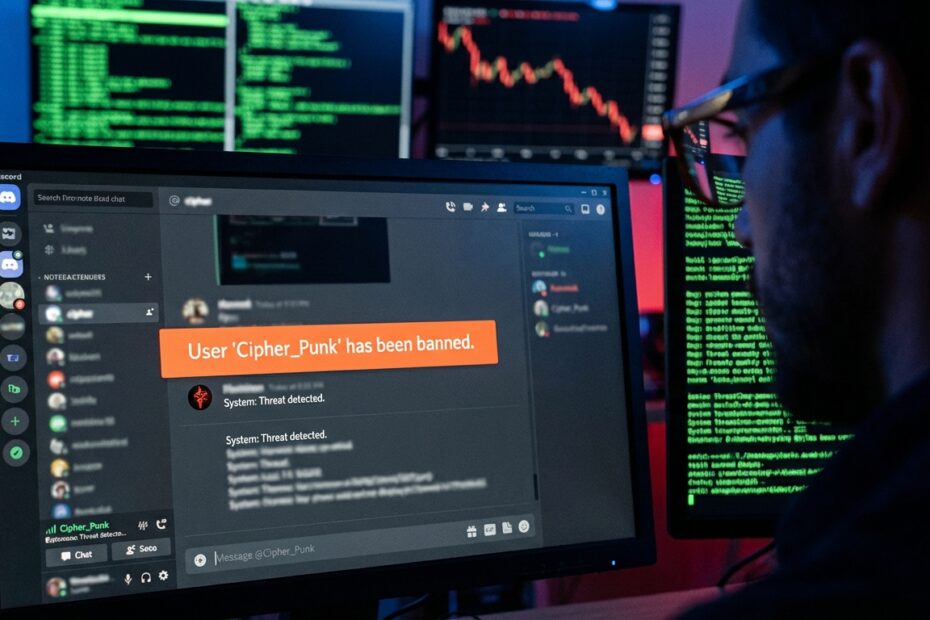 Tela de computador exibindo notificação de banimento no Discord com gráficos de erro ao fundo