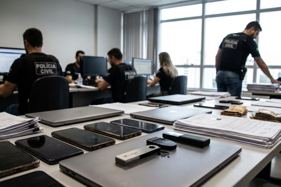Agentes da Polícia Civil analisam computadores e documentos durante operação contra lavagem de dinheiro