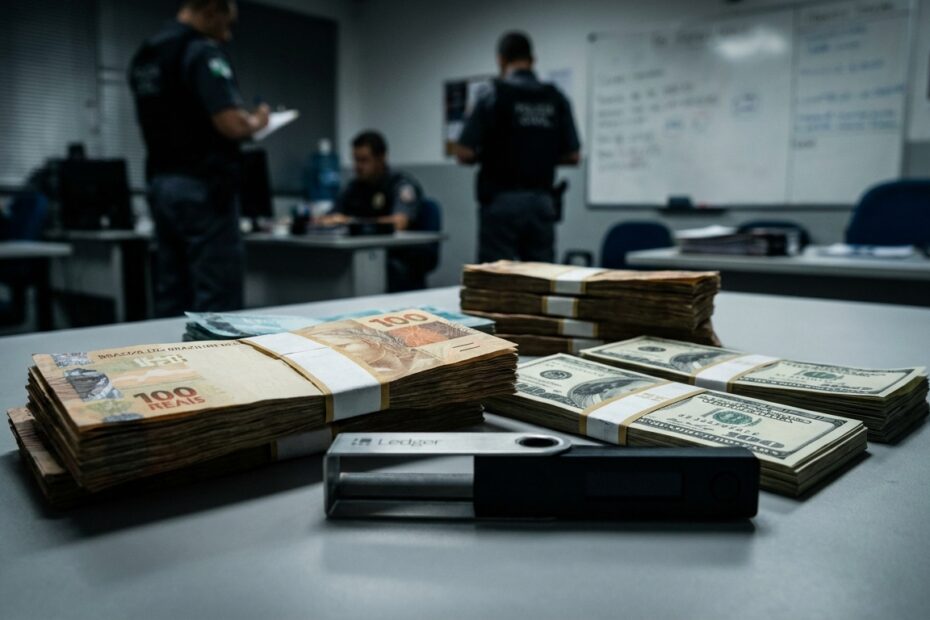 Dinheiro e carteira de criptomoedas apreendidos em operação policial sobre mesa