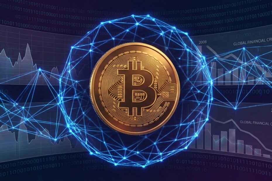 Ilustração 3D de um Bitcoin dourado conectado a uma rede blockchain digital azul