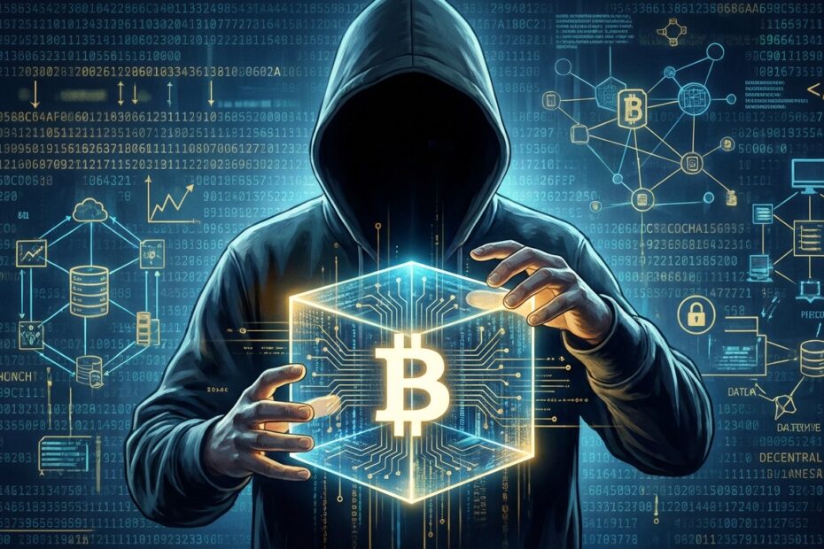 Silhueta misteriosa representando Satoshi Nakamoto segurando um símbolo digital do Bitcoin