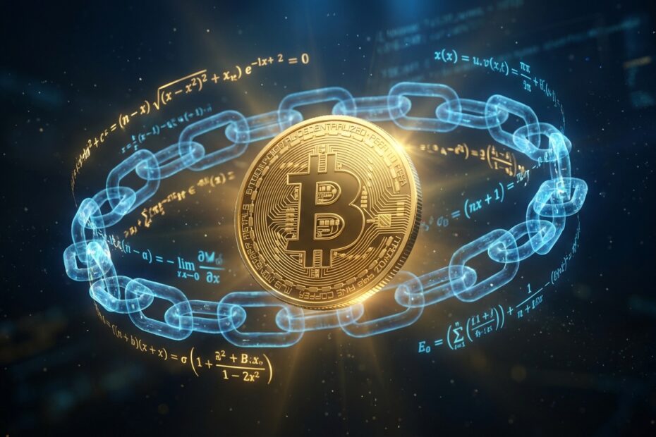 Ilustração 3D de um Bitcoin dourado cercado por correntes digitais brilhantes representando segurança e escassez.