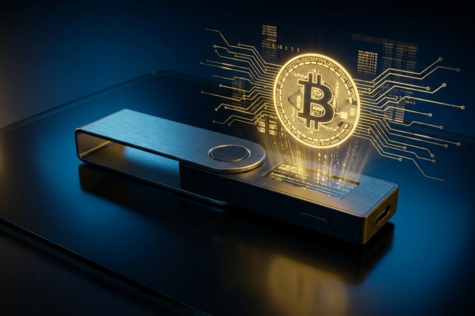 Hardware wallet física emitindo luzes digitais douradas representando a autocustódia de Bitcoin.
