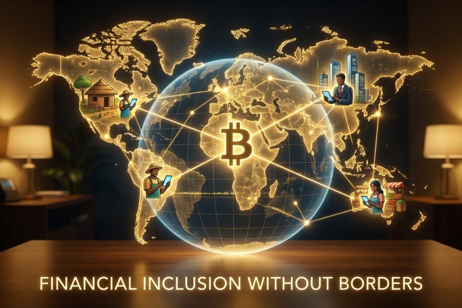 Ilustração da rede global do Bitcoin conectando pessoas para inclusão financeira sem fronteiras.