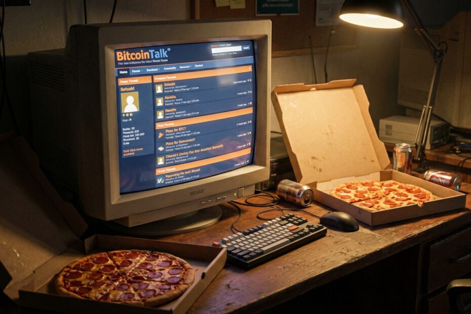 Computador antigo exibindo o fórum BitcoinTalk ao lado de duas pizzas, representando a primeira transação de Bitcoin