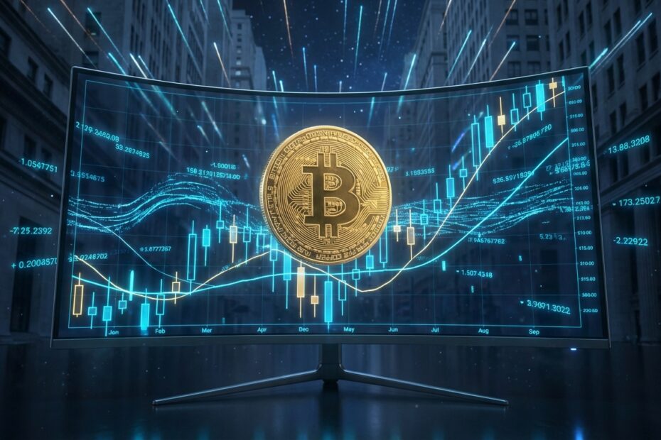 Gráfico de trading digital com moeda Bitcoin dourada em destaque ilustrando o impacto dos ETFs