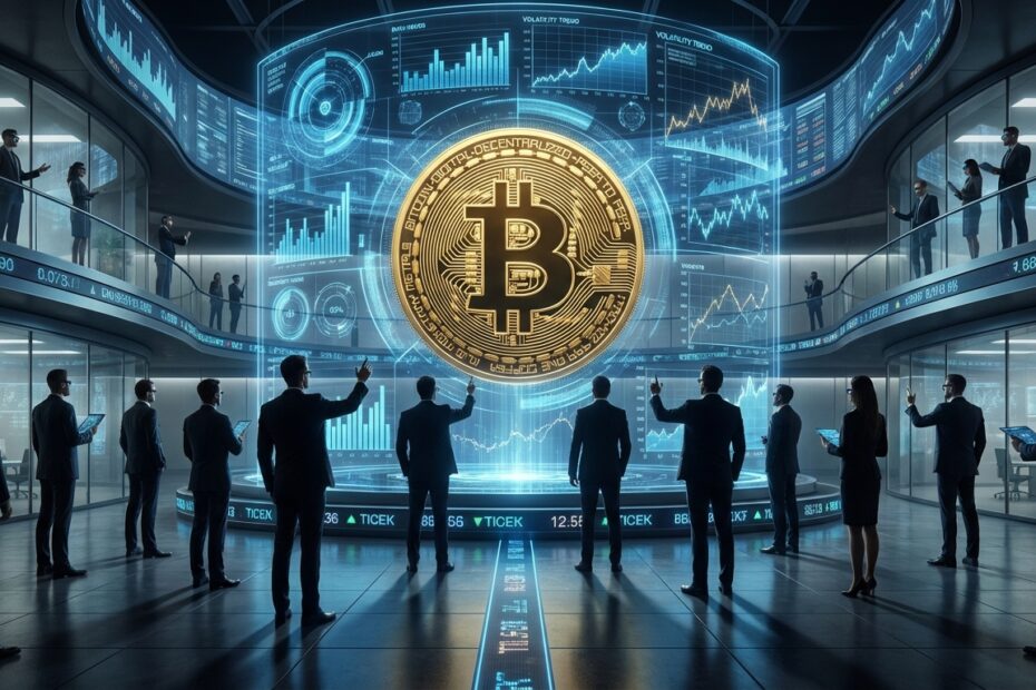 Gráfico holográfico de bitcoin sendo analisado por investidores institucionais em ambiente corporativo moderno.