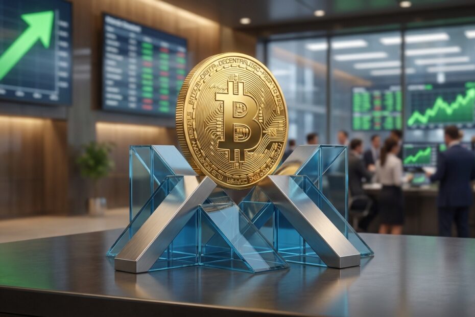 Bitcoin sobre base sólida representando estabilidade institucional em 2026