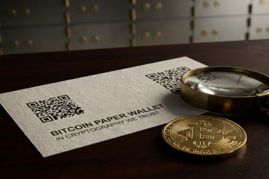 Paper wallet de Bitcoin sobre mesa segura com moeda física ao lado
