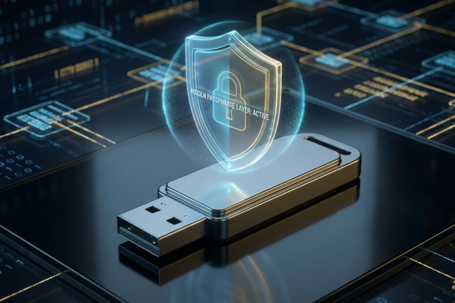 Carteira hardware de Bitcoin protegida por um escudo digital representando a passphrase