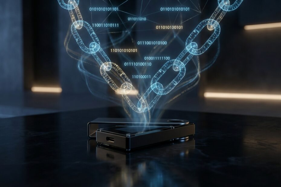 Hard wallet de criptomoedas com representação gráfica de conexão segura com a blockchain