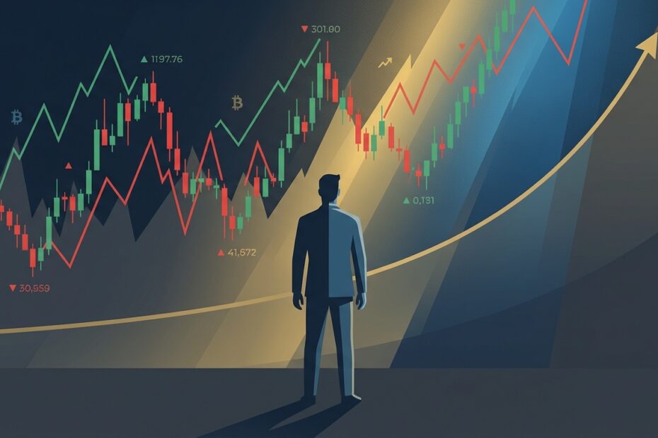 Ilustração de um investidor observando gráfico volátil do Bitcoin com calma e resiliência
