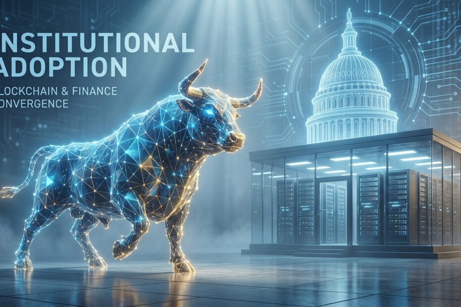 Conceito visual unindo finanças tradicionais e tecnologia blockchain representando a estratégia da BlackRock.