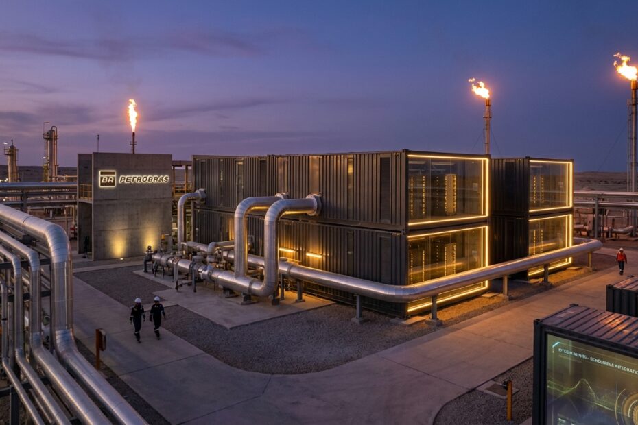 Estrutura industrial da Petrobras adaptada para mineração de Bitcoin utilizando gás natural excedente.
