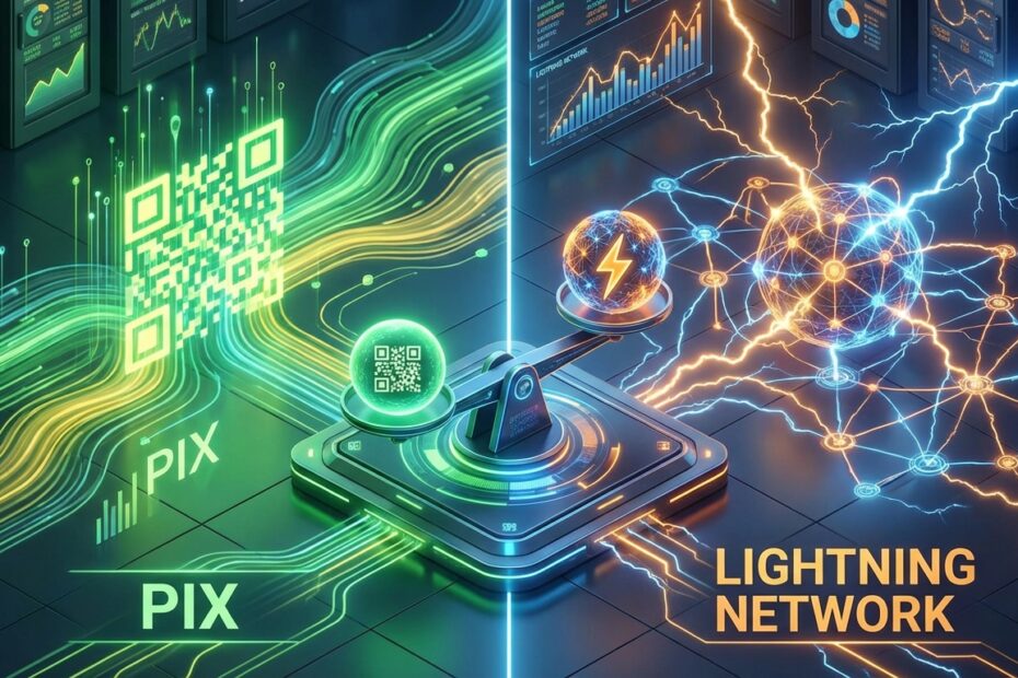 Ilustração comparativa entre a tecnologia do Pix e a Lightning Network do Bitcoin.