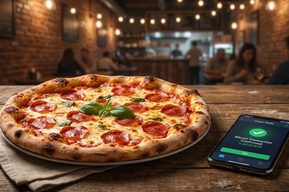 Pizza de calabresa em mesa de madeira ao lado de smartphone exibindo transação com Bitcoin