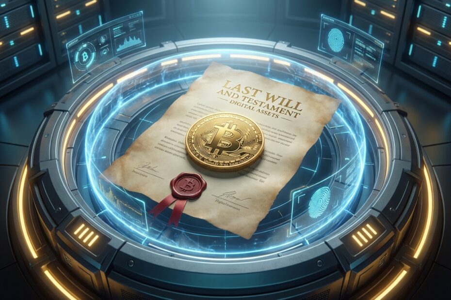 Bitcoin físico sobre documentos legais dentro de um cofre digital seguro