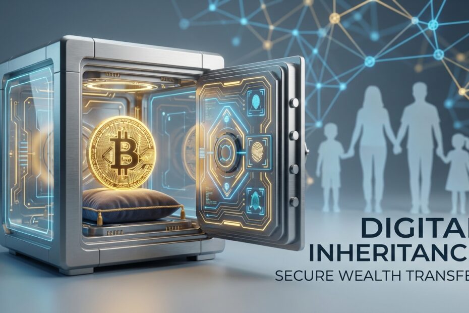 Cofre digital aberto revelando um Bitcoin, simbolizando o planejamento de herança de ativos digitais e segurança familiar.