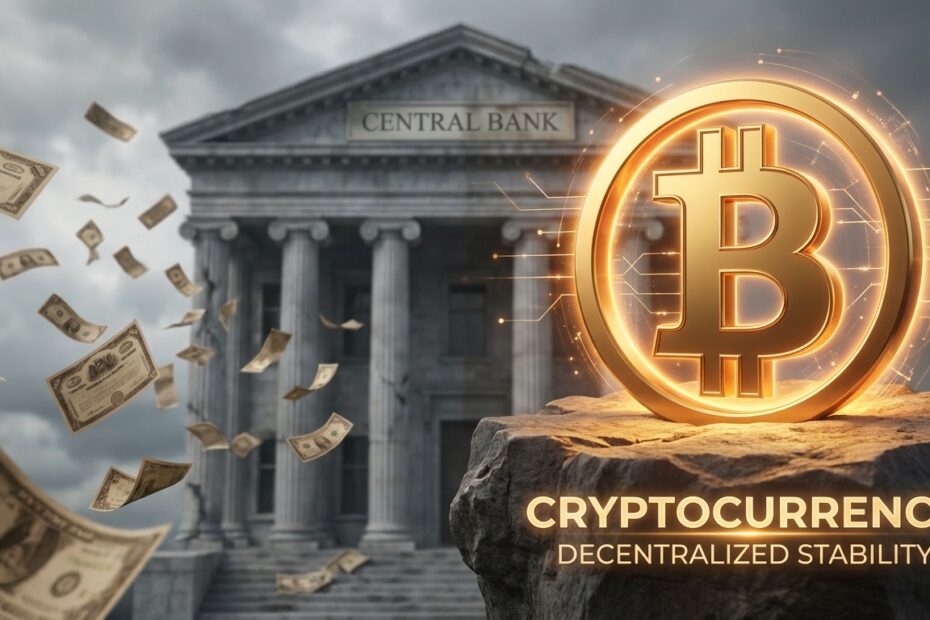 Ilustração 3D contrastando a emissão de papel-moeda por um banco central com a solidez de um Bitcoin dourado.