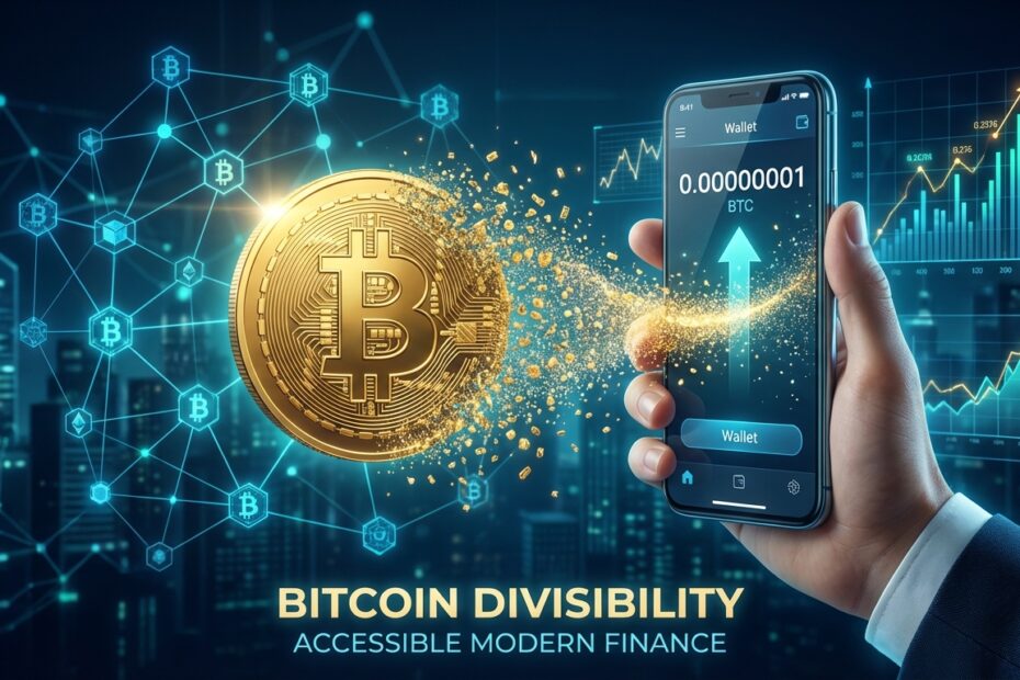 Ilustração 3D de um Bitcoin se dividindo em pequenas partículas luminosas chamadas satoshis fluindo para uma carteira digital.