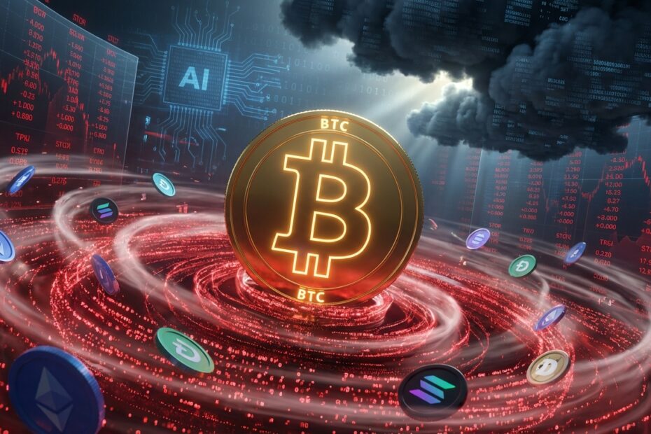 Ilustração 3D mostrando o Bitcoin estável enquanto altcoins são levadas pela volatilidade do mercado financeiro em 2026.